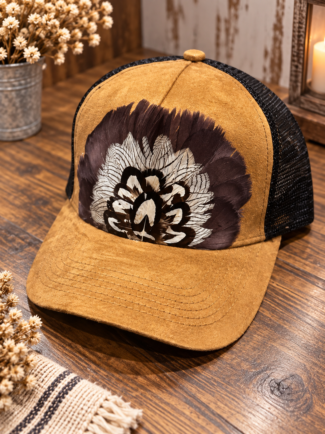 Suedy Tan & Black Feather Trucker