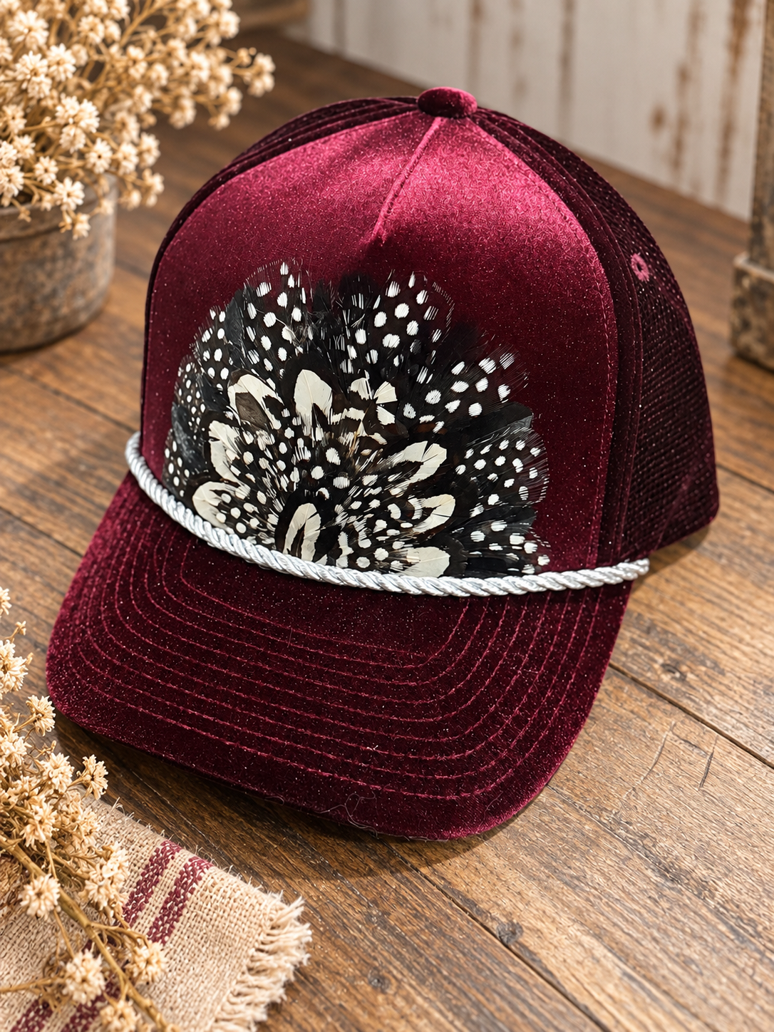 Velvy Maroon Feather Trucker